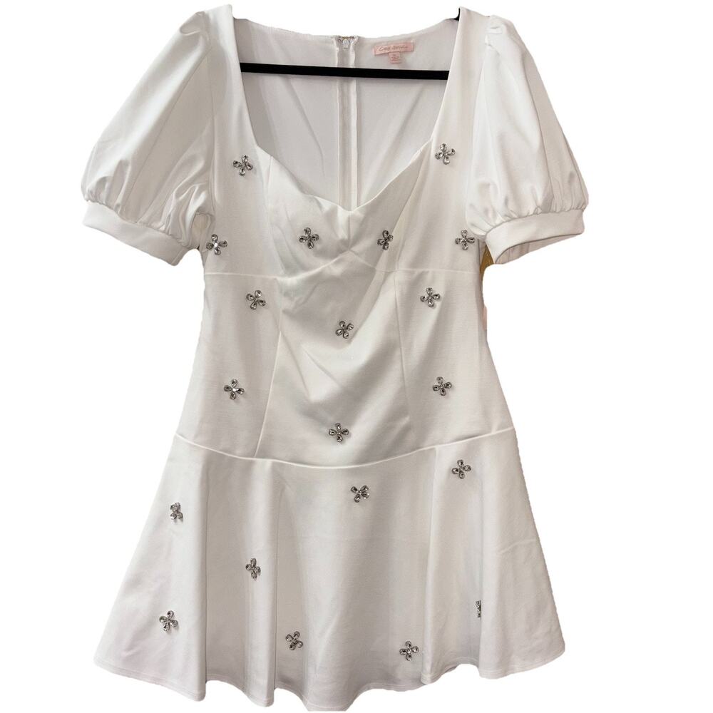 NWT City Studios Women's Drop Waist Puff Sleeve Short Dress Sweetheart Neckline